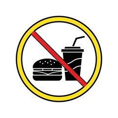 Clear communication of 'no food or drink' rules with iconic prohibition symbol featuring a burger and beverage, perfect for informational signage and policy enforcement.