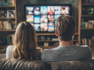 Couple Enjoying a Cozy Night In Watching TV: Home Entertainment, Movies, and Streaming Services on the Sofa