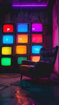 A dark room filled with a grid of glowing, colorful retro TVs and an armchair under neon purple light