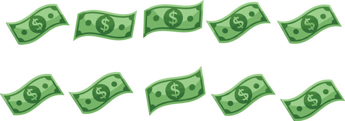 Cartoon dollar bill icon set, green money illustration, currency symbol vector, financial concept graphic, animated cash design template