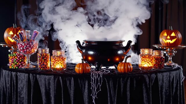 Enchanting halloween atmosphere with steaming cauldron and jacko'lanterns glow