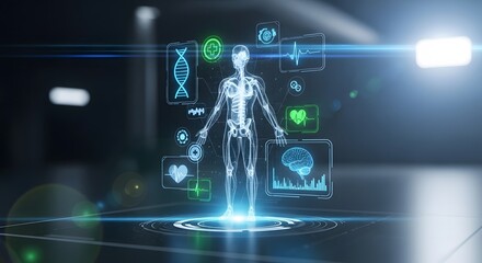 Hologram of human body with medical data, health and medicine concept
