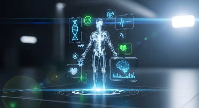 Hologram of human body with medical data, health and medicine concept - Powered by Adobe