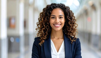 Confident woman with curly hair, blazer, and a radiant smile