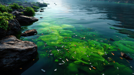 Traditional fishing in polluted waters reveals stark contrast between nature and human impact, showcasing vibrant algae amidst debris