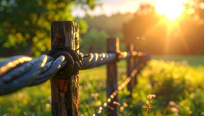 Rustic barbed wire fence at dawn