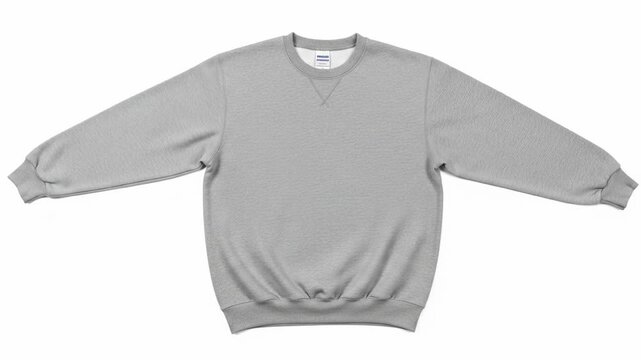 Grey sweatshirt flat-layed on white, sleeves spread out