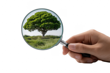 Hand holding magnifying glass over lush green tree and grassy field isolated on transparent background