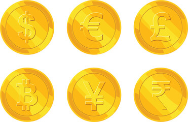 Global currency coin icon set, dollar euro pound yen bitcoin rupee symbols, financial exchange vector, monetary system illustration