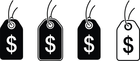 Price tag icon set, dollar sign label vector, black and white merchandise graphic, retail cost symbol, minimal design illustration