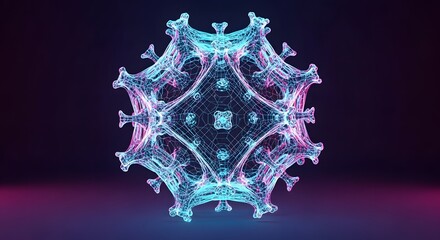 Digital rendering of a virus cell with glowing particles and neon colors