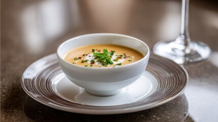 Close-Up of Creamy Lobster Bisque Served Warm in Elegant Porcelain Bowl with Garnish and Tasteful Presentation for Culinary Delight