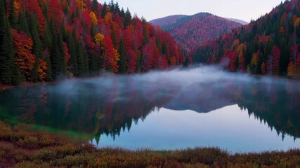 Misty autumn dawn: tranquil reflection at mountain lake surrounded by vibrant forest - Powered by Adobe
