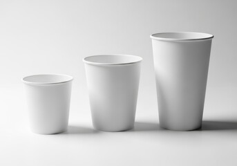 Three plain white paper cups in varying sizes arranged in a row on a light surface