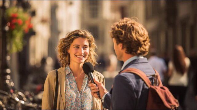 Male reporter with a microphone conducting a vox pop interview with a woman on a busy city street