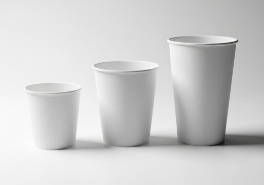 Three plain white paper cups in varying sizes arranged in a row on a light surface