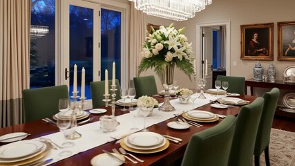 Elegant dining room with a large table, floral centerpiece, and formal place settings - Powered by Adobe