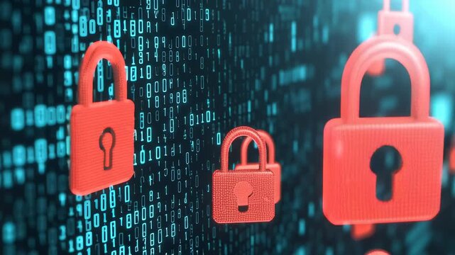 Digital locks with binary code background representing cybersecurity.