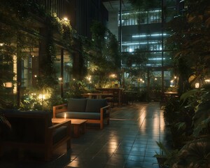 Cozy Indoor Garden with Ambient Lighting and Greenery in Modern Space