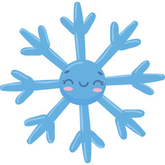 Obraz premium Cute cartoon blue snowflake character with happy smiling face and rosy cheeks isolated on white background for winter holiday season