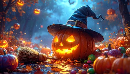 A glowing jack-o'-lantern wearing a witch's hat in an autumn scene
