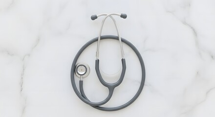Overhead shot of a gray stethoscope on a white marble background