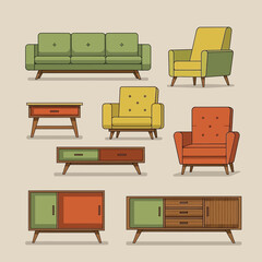 Colorful set of midcentury modern sofas armchairs and sideboards.