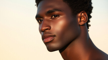 Portrait of a young male afro american model, age 25, attractive man, publicity poster for skin care. Copy space available. beige background.