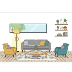Fototapeta premium Cozy and Modern Living Room Interior Design with Comfortable Furniture.