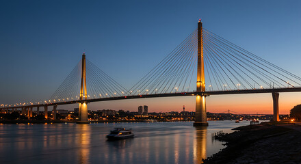 Obraz premium Illuminated Suspension Bridge Spanning Water at Dusk A Scenic Urban Vista