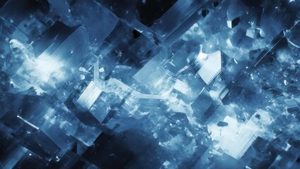 Abstract close-up showing geometric, crystalline structures in cool, blue tones, with light