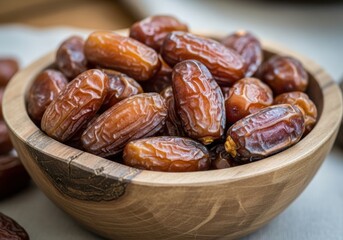 Obraz premium Close up of a wooden bowl filled with fresh ripe dates showing their texture and color