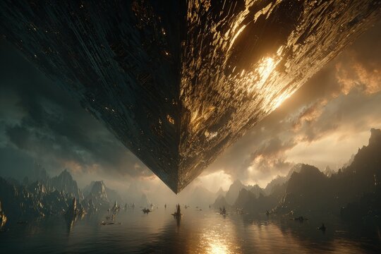 Futuristic Pyramid Landscape At Sunset Over Water