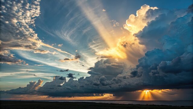 Dramatic sunbeams pierce through stormy clouds over a horizon