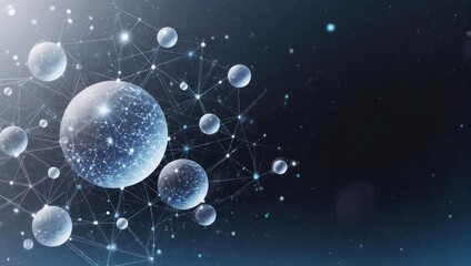 Abstract digital representation of interconnected spheres, nodes, and a network background