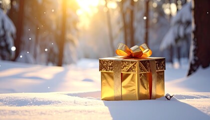 Golden gift box, ribbon, resting on snowy ground in bright winter forest