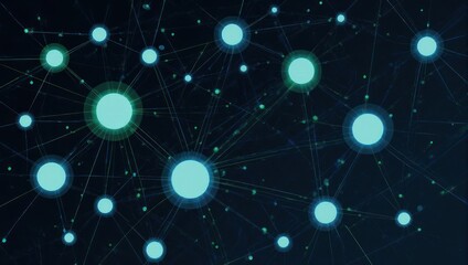 Abstract network design of interconnected luminous circles and lines against dark background