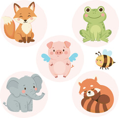 Fototapeta premium A Vector Icon Set of Cute Kawaii Forest Animals in Pink Circles