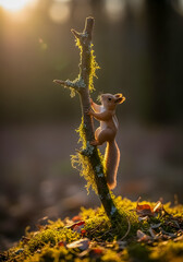 Adorable baby red squirrel climbs mossy branch bathed in warm golden hour sunlight, creating a magical forest scene.