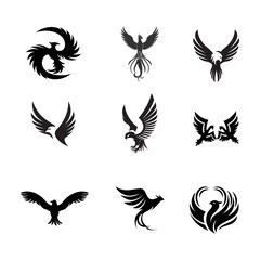 Collection of black phoenix and eagle bird logos and icons