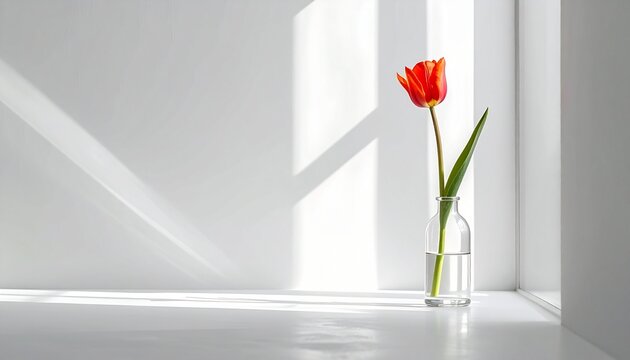 Elegant red tulip in glass vase with sunlight on white minimal background