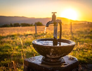 Rustic water fountain at sunset