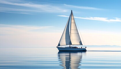 Elegant sailboat gliding on calm sea under blue sky at sunset.