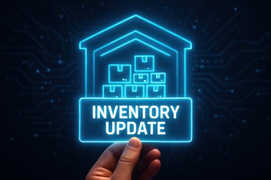 Digital graphic showcasing an inventory update with boxes and circuit patterns in the background.