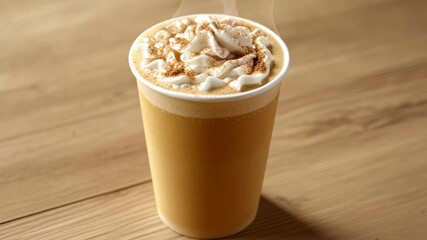 Steaming hot coffee cup with cream and cinnamon topping on wooden table - Powered by Adobe