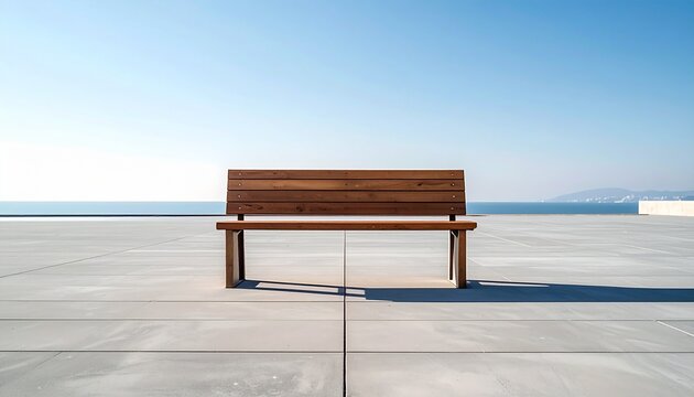 Wooden bench on seaside terrace with clear sky view - Powered by Adobe