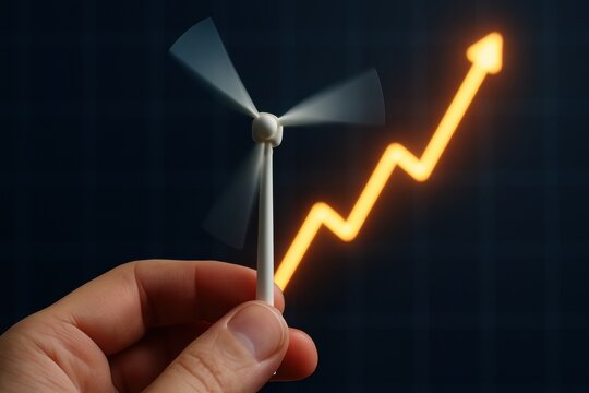 A hand holds a small wind turbine with a rising graph in the background, symbolizing growth in renewable energy.