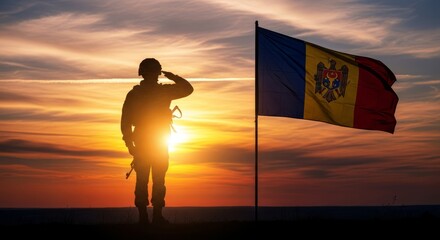 Soldier silhouette saluting at dramatic sunset,  Moldova flag waving in the wind, patriotic holiday tribute, powerful symbolic scene