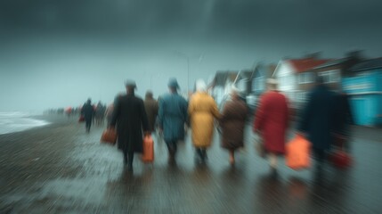 A blurred scene of people walking along a beachside promenade under a cloudy sky, each carrying orange bags, suggesting a moody, atmospheric setting.
