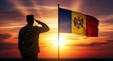 Soldier silhouette saluting at dramatic sunset,  Moldova flag waving in the wind, patriotic holiday tribute, powerful symbolic scene